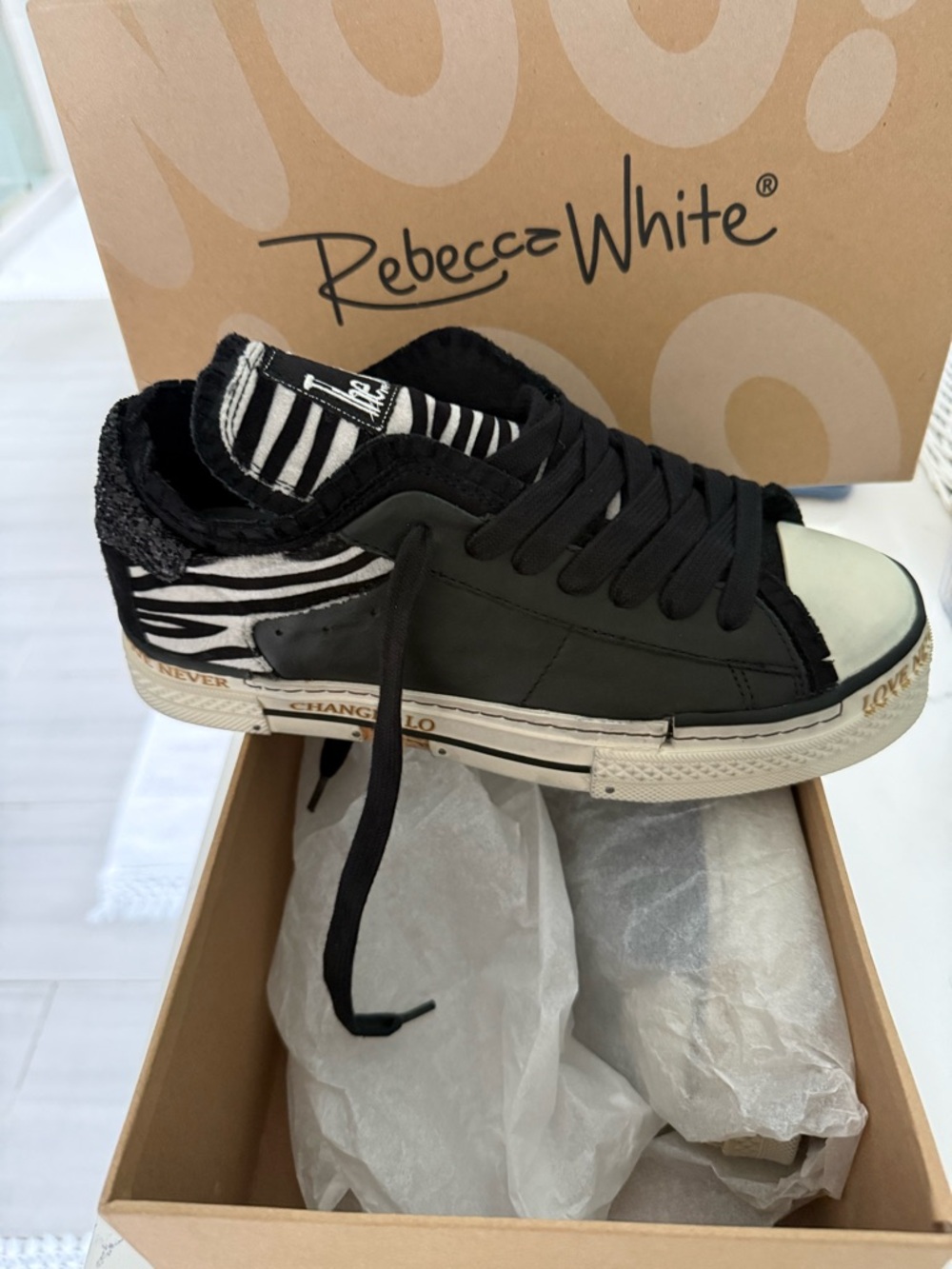 Rebecca White Black Zebra-Accent Low Top Sneaker